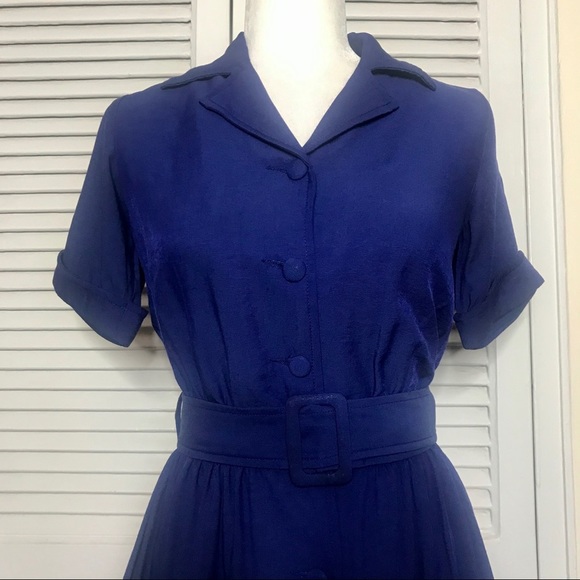 Blue Linen Knee Length Shirtdress by Moon - Picture 2 of 4